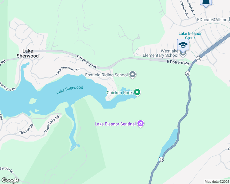 map of restaurants, bars, coffee shops, grocery stores, and more near 2094 Trentham Road in Westlake Village
