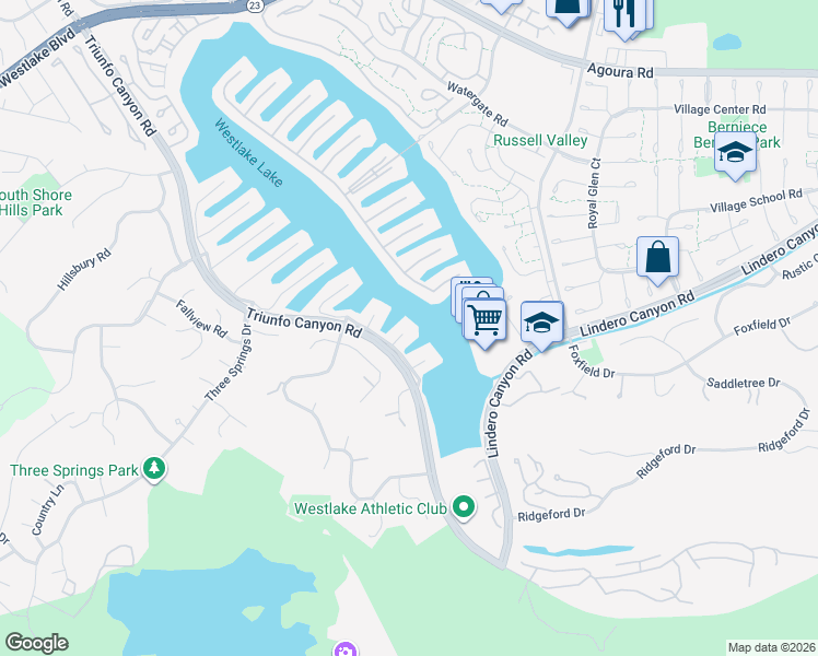 map of restaurants, bars, coffee shops, grocery stores, and more near 3708 Brigantine Circle in Westlake Village