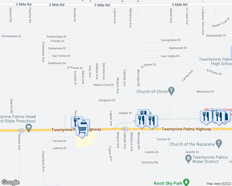 map of restaurants, bars, coffee shops, grocery stores, and more near 6252 Mojave Avenue in Twentynine Palms
