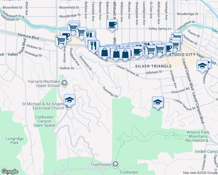 map of restaurants, bars, coffee shops, grocery stores, and more near 4110 Vanetta Place in Los Angeles