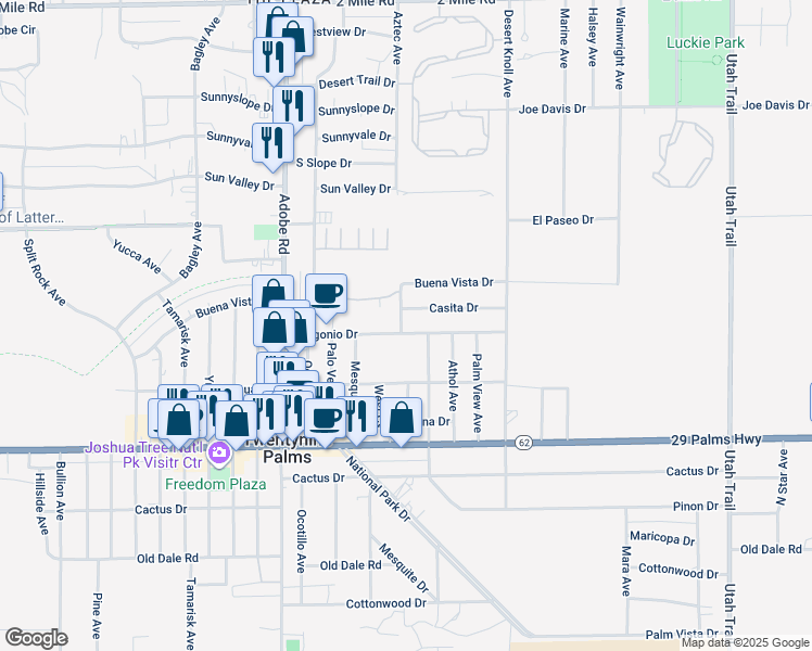 map of restaurants, bars, coffee shops, grocery stores, and more near 73908 Gorgonio Drive in Twentynine Palms
