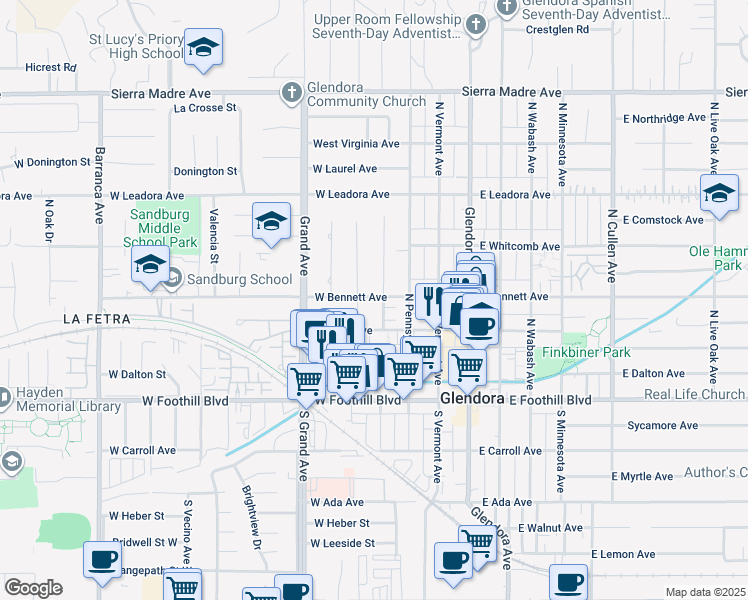 map of restaurants, bars, coffee shops, grocery stores, and more near 352 West Bennett Avenue in Glendora