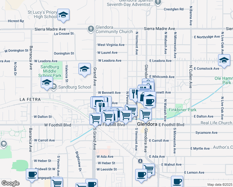 map of restaurants, bars, coffee shops, grocery stores, and more near 320 West Bennett Avenue in Glendora