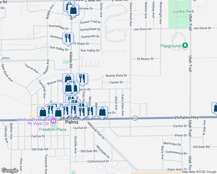 map of restaurants, bars, coffee shops, grocery stores, and more near 73933 Casita Drive in Twentynine Palms