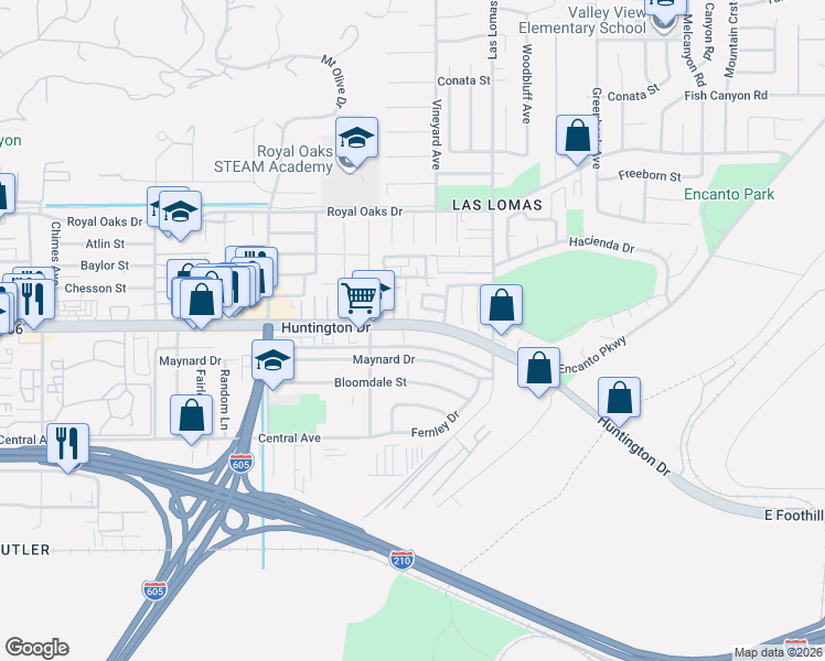 map of restaurants, bars, coffee shops, grocery stores, and more near 2532 Huntington Drive in Duarte