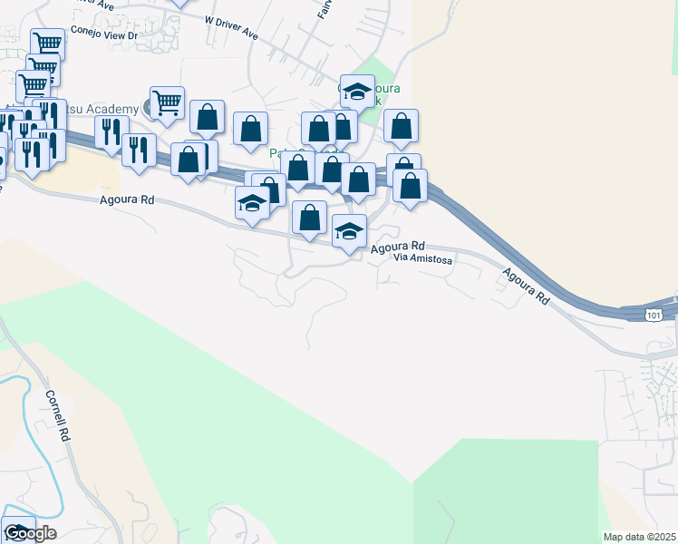 map of restaurants, bars, coffee shops, grocery stores, and more near Laura La Plante Drive in Agoura Hills