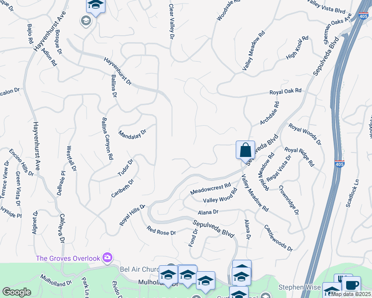 map of restaurants, bars, coffee shops, grocery stores, and more near 16187 Royal Oak Road in Los Angeles