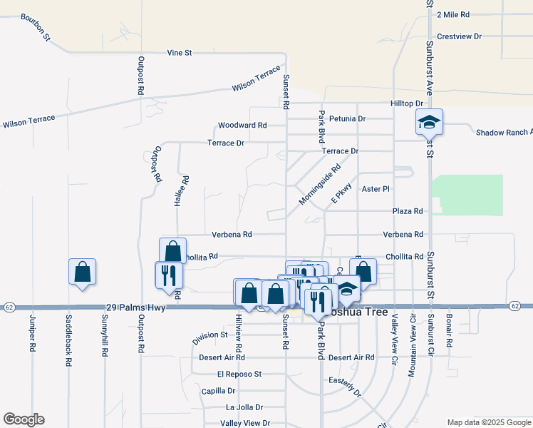 map of restaurants, bars, coffee shops, grocery stores, and more near 6036 Sunset Road in Joshua Tree