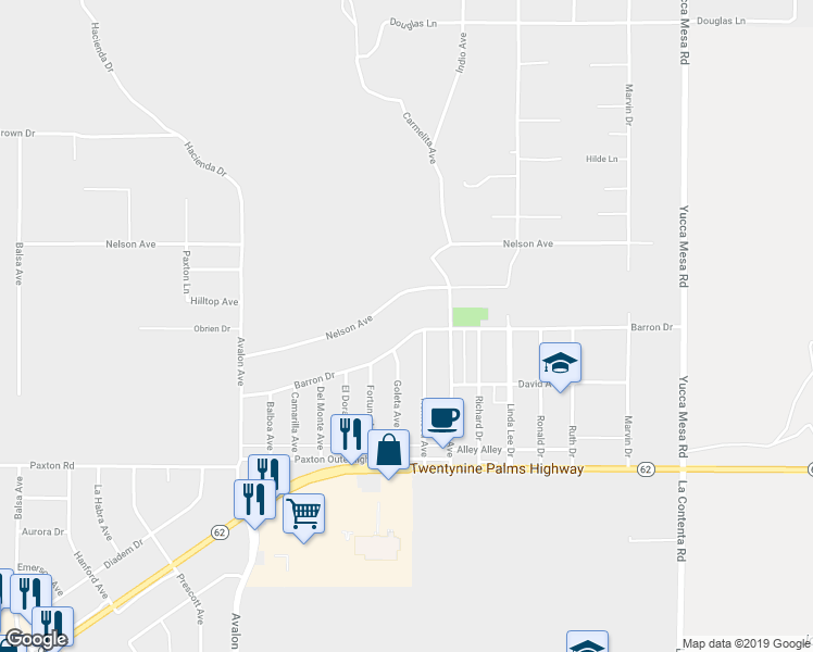 map of restaurants, bars, coffee shops, grocery stores, and more near 58802 Barron Drive in Yucca Valley