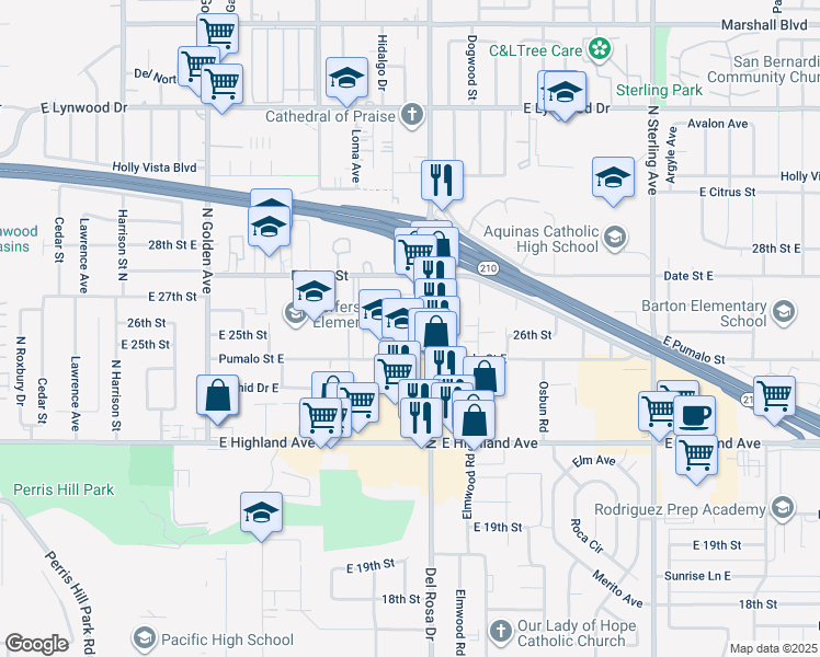 map of restaurants, bars, coffee shops, grocery stores, and more near 6262 Del Rosa Avenue North in San Bernardino