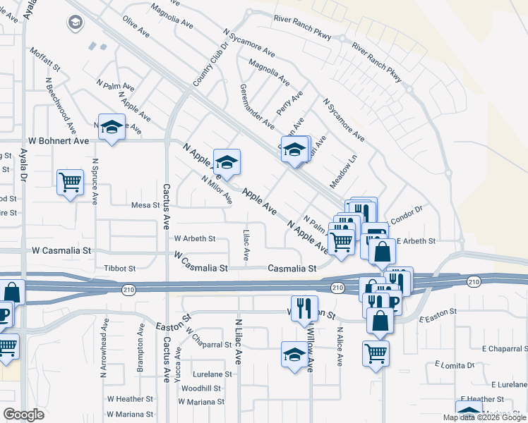 map of restaurants, bars, coffee shops, grocery stores, and more near 6288 Apple Avenue in Rialto