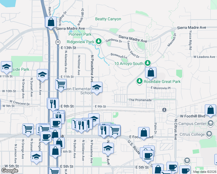 map of restaurants, bars, coffee shops, grocery stores, and more near 1020 North Palm Drive in Azusa