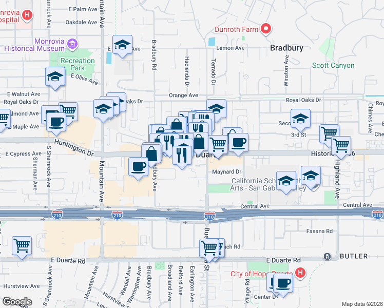 map of restaurants, bars, coffee shops, grocery stores, and more near in Duarte