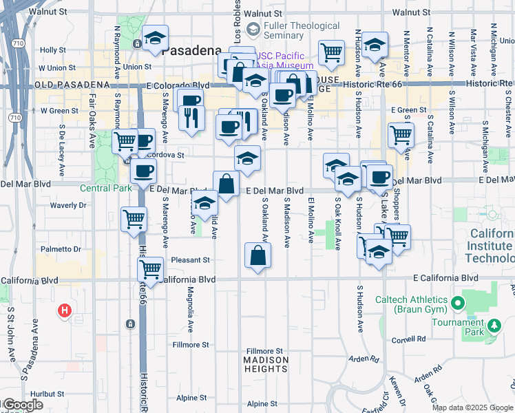 map of restaurants, bars, coffee shops, grocery stores, and more near 500 East Del Mar Boulevard in Pasadena