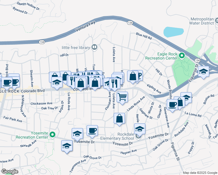 map of restaurants, bars, coffee shops, grocery stores, and more near 5129 Loleta Avenue in Los Angeles
