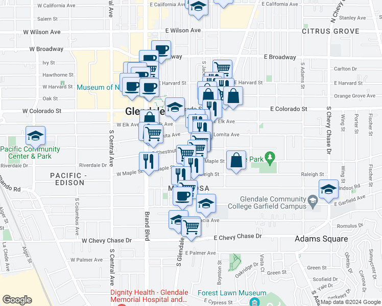 map of restaurants, bars, coffee shops, grocery stores, and more near 403 East Chestnut Street in Glendale