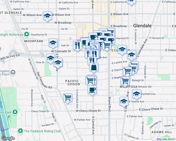 map of restaurants, bars, coffee shops, grocery stores, and more near 445 South Central Avenue in Glendale