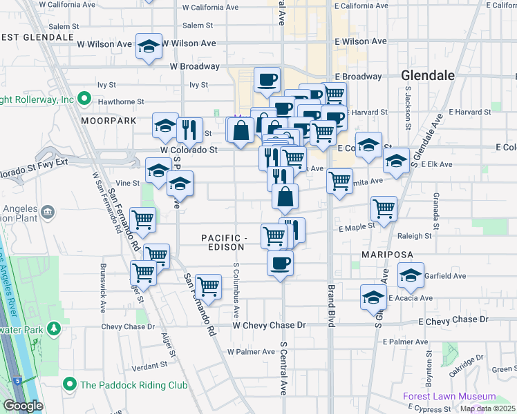 map of restaurants, bars, coffee shops, grocery stores, and more near 349 West Lomita Avenue in Glendale
