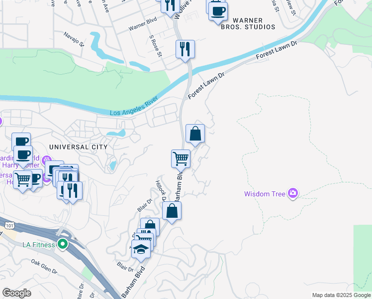 map of restaurants, bars, coffee shops, grocery stores, and more near 3662 Barham Boulevard in Los Angeles