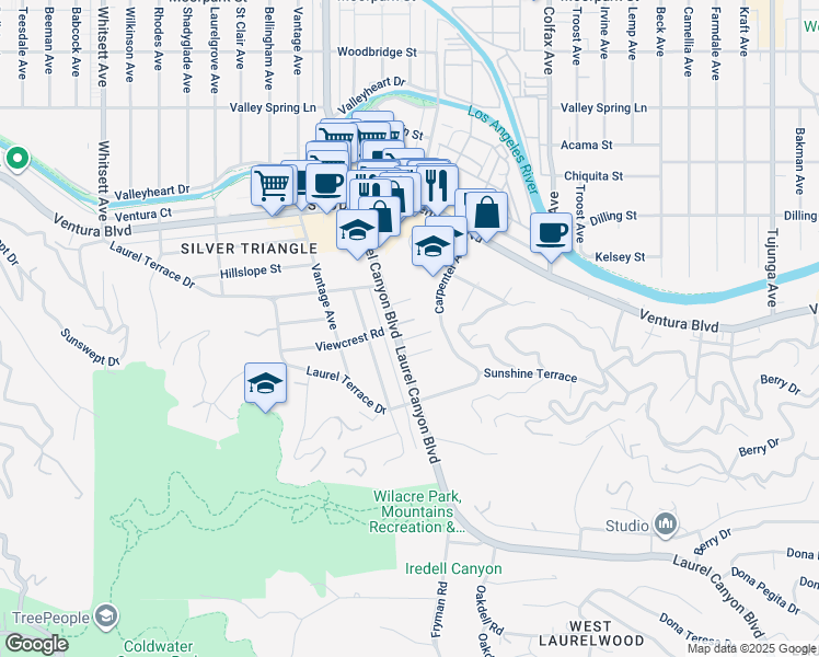 map of restaurants, bars, coffee shops, grocery stores, and more near 3830 Laurel Canyon Boulevard in Los Angeles