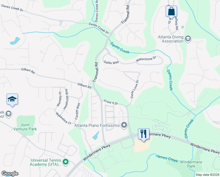 map of restaurants, bars, coffee shops, grocery stores, and more near 5329 Davenport Manor in Cumming