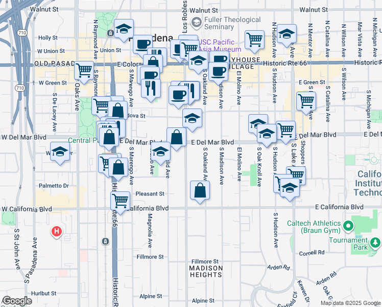 map of restaurants, bars, coffee shops, grocery stores, and more near 360 South Los Robles Avenue in Pasadena