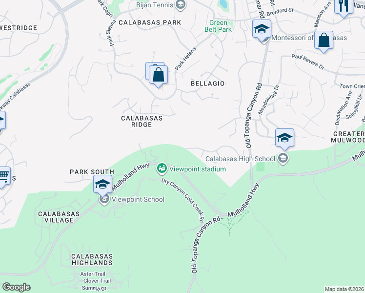 map of restaurants, bars, coffee shops, grocery stores, and more near 23477 Palm Drive in Calabasas