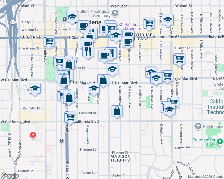map of restaurants, bars, coffee shops, grocery stores, and more near 335 South Los Robles Avenue in Pasadena