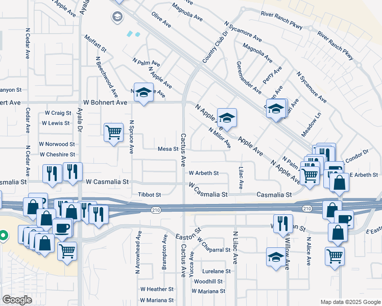 map of restaurants, bars, coffee shops, grocery stores, and more near 675 West Norwood Street in Rialto