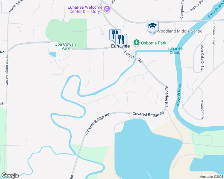 map of restaurants, bars, coffee shops, grocery stores, and more near 60 Lazy Water Drive Southwest in Cartersville