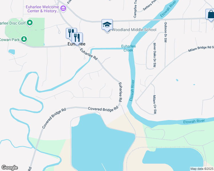 map of restaurants, bars, coffee shops, grocery stores, and more near 22 Pebble Brook Court Southwest in Euharlee