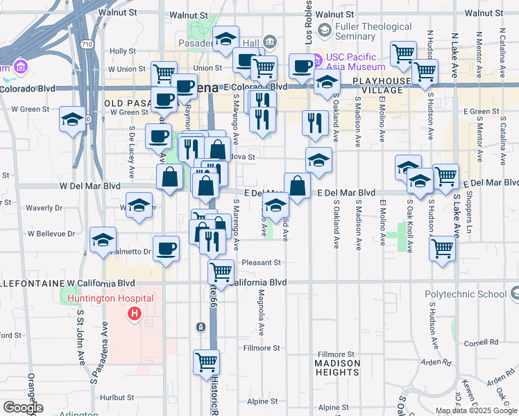 map of restaurants, bars, coffee shops, grocery stores, and more near 361 Waldo Avenue in Pasadena