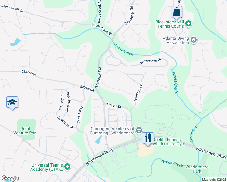 map of restaurants, bars, coffee shops, grocery stores, and more near 5329 Davenport Manor in Cumming