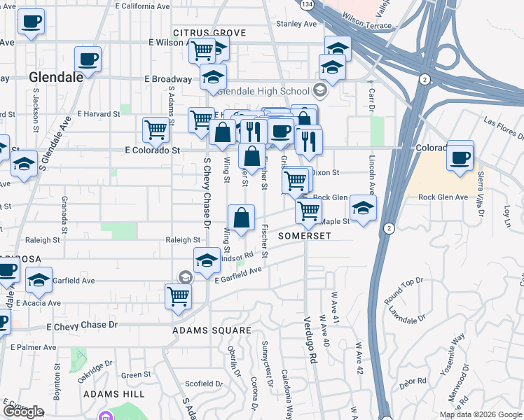 map of restaurants, bars, coffee shops, grocery stores, and more near 523 Fischer Street in Glendale