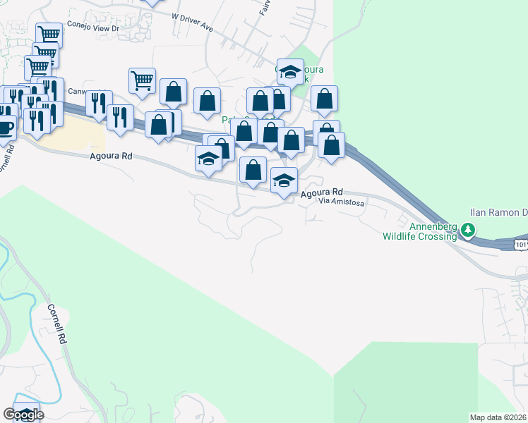 map of restaurants, bars, coffee shops, grocery stores, and more near Laura La Plante Drive in Agoura Hills