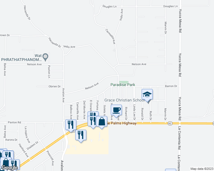 map of restaurants, bars, coffee shops, grocery stores, and more near 58802 Barron Drive in Yucca Valley