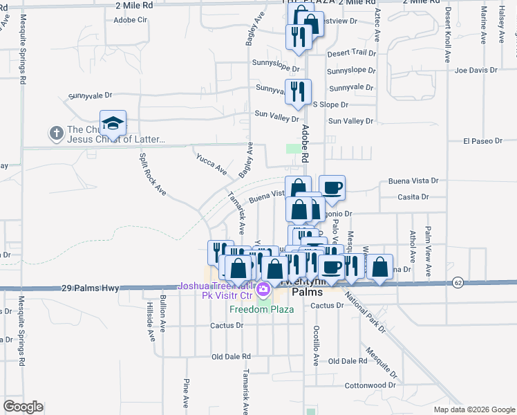 map of restaurants, bars, coffee shops, grocery stores, and more near 6275 Yucca Avenue in Twentynine Palms