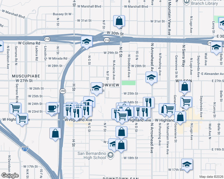 map of restaurants, bars, coffee shops, grocery stores, and more near 555 Courtland Drive West in San Bernardino