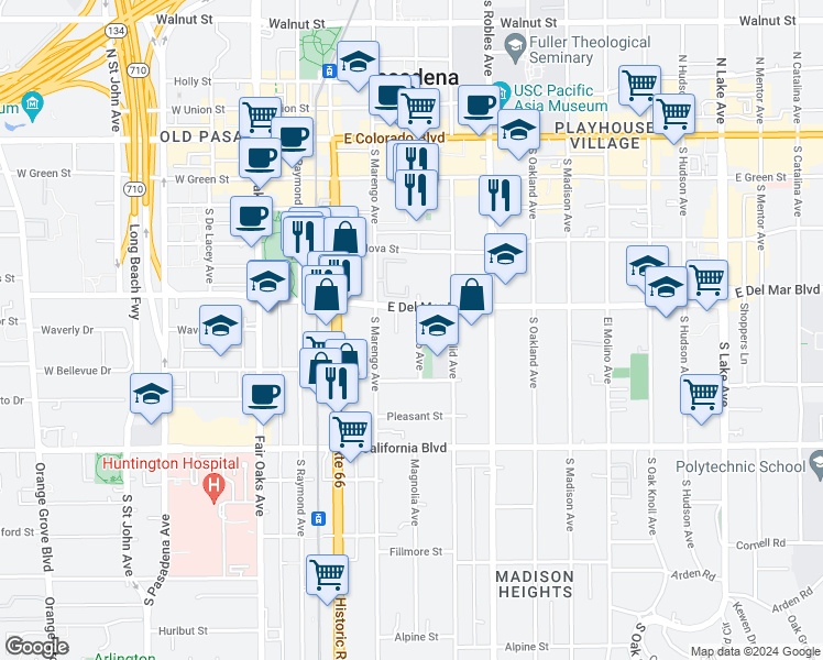 map of restaurants, bars, coffee shops, grocery stores, and more near 361 Waldo Avenue in Pasadena