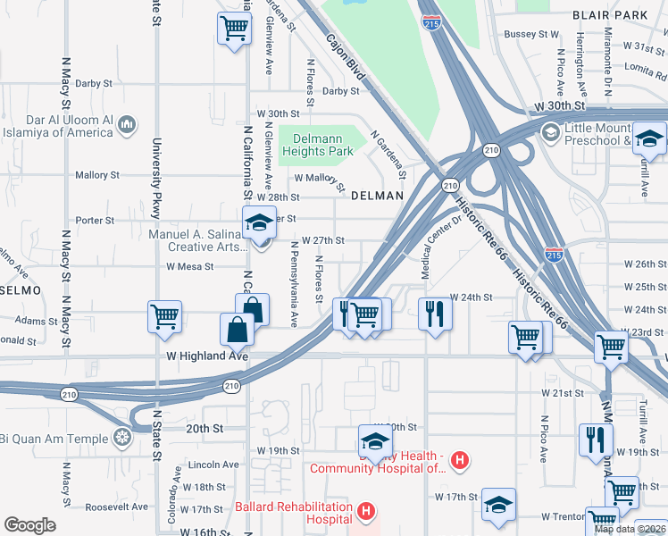 map of restaurants, bars, coffee shops, grocery stores, and more near 2580 North Gardena Street in San Bernardino