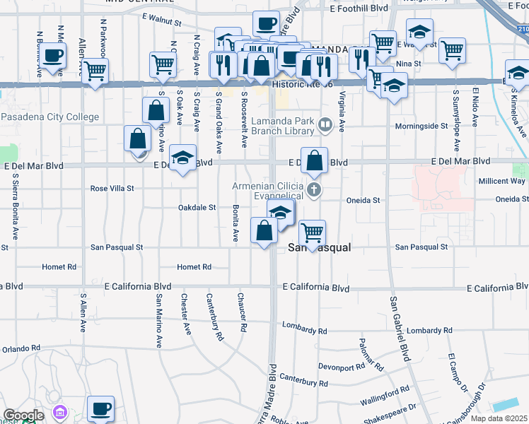 map of restaurants, bars, coffee shops, grocery stores, and more near 375 South Sierra Madre Boulevard in Pasadena
