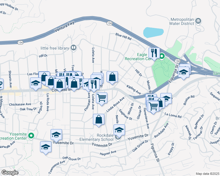 map of restaurants, bars, coffee shops, grocery stores, and more near 12-07 Colorado Boulevard in Los Angeles