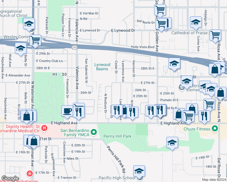 map of restaurants, bars, coffee shops, grocery stores, and more near 2551 Cedar Street in San Bernardino