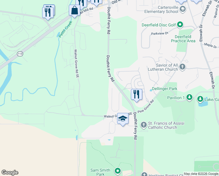 map of restaurants, bars, coffee shops, grocery stores, and more near 51 Carrington Drive in Cartersville