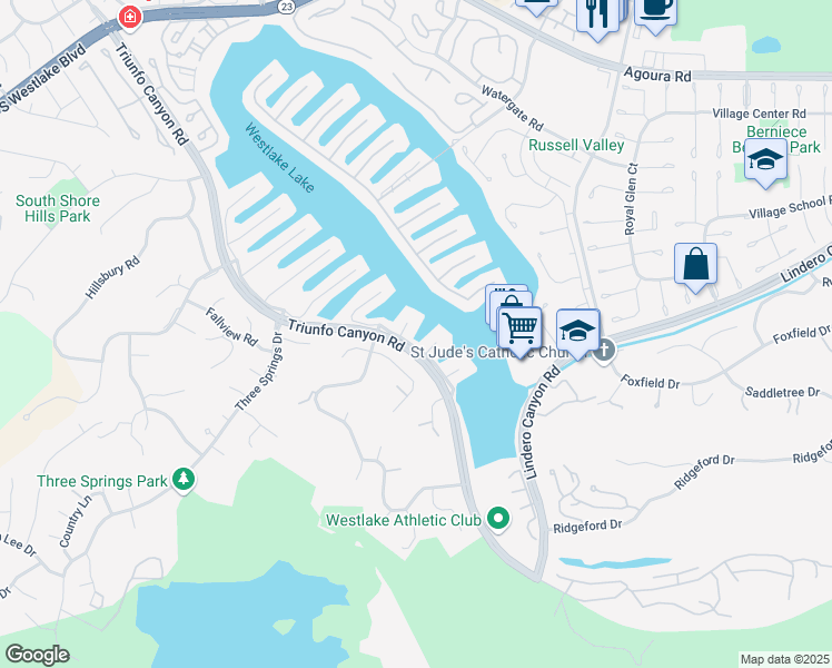 map of restaurants, bars, coffee shops, grocery stores, and more near 3800 Weatherly Circle in Westlake Village