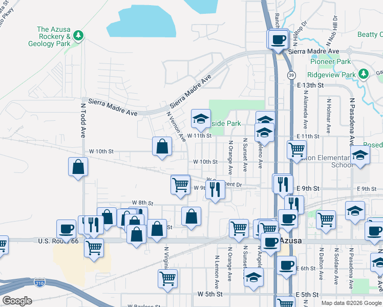 map of restaurants, bars, coffee shops, grocery stores, and more near 1012 North Vernon Avenue in Azusa