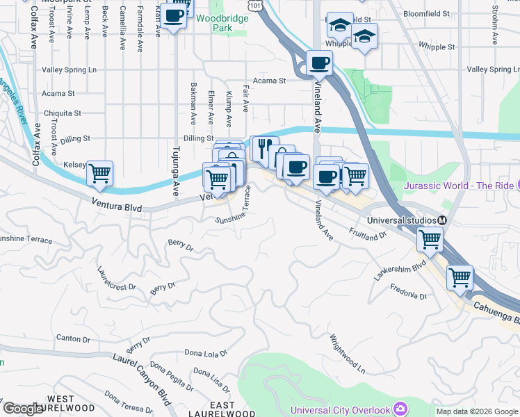 map of restaurants, bars, coffee shops, grocery stores, and more near 3936 Farley Court in Los Angeles