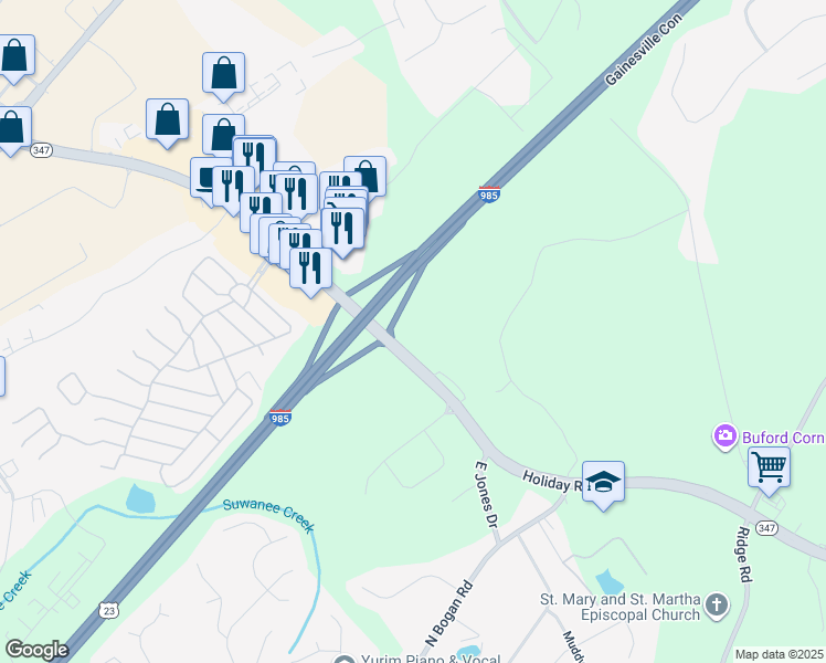 map of restaurants, bars, coffee shops, grocery stores, and more near 4707 Friendship Road in Buford