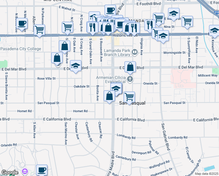 map of restaurants, bars, coffee shops, grocery stores, and more near 375 South Sierra Madre Boulevard in Pasadena