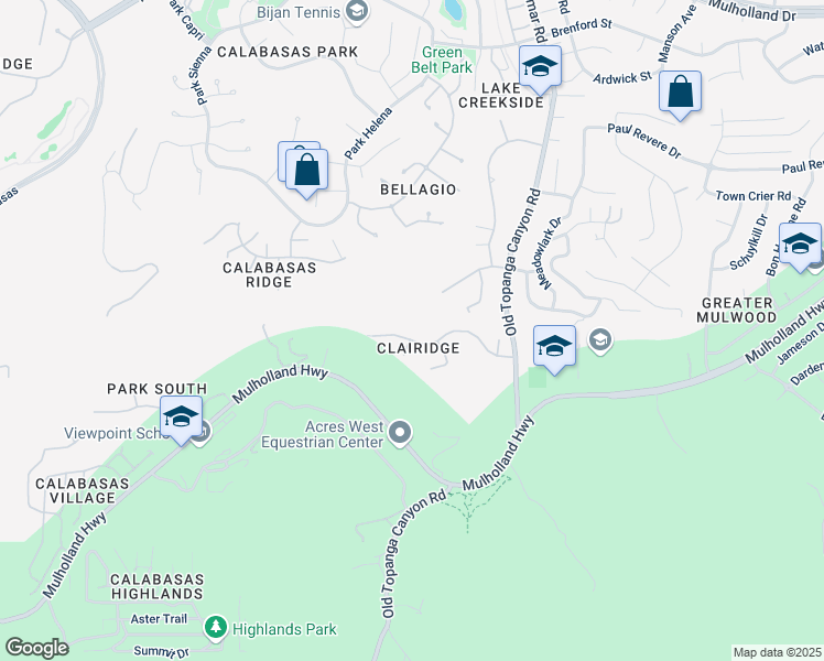 map of restaurants, bars, coffee shops, grocery stores, and more near 23425 Palm Drive in Calabasas
